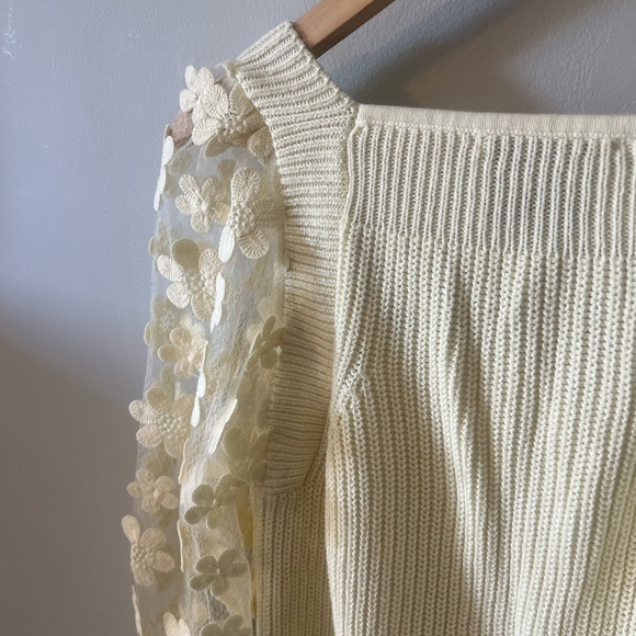 Industry Floral Appliqué Ribbed Cotton Sweater Butter Yelllow Small - Picture 9 of 9